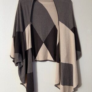 Sisters Geometric Color Block Open Cardigan Shawl Wrap Taupe Cream Boho